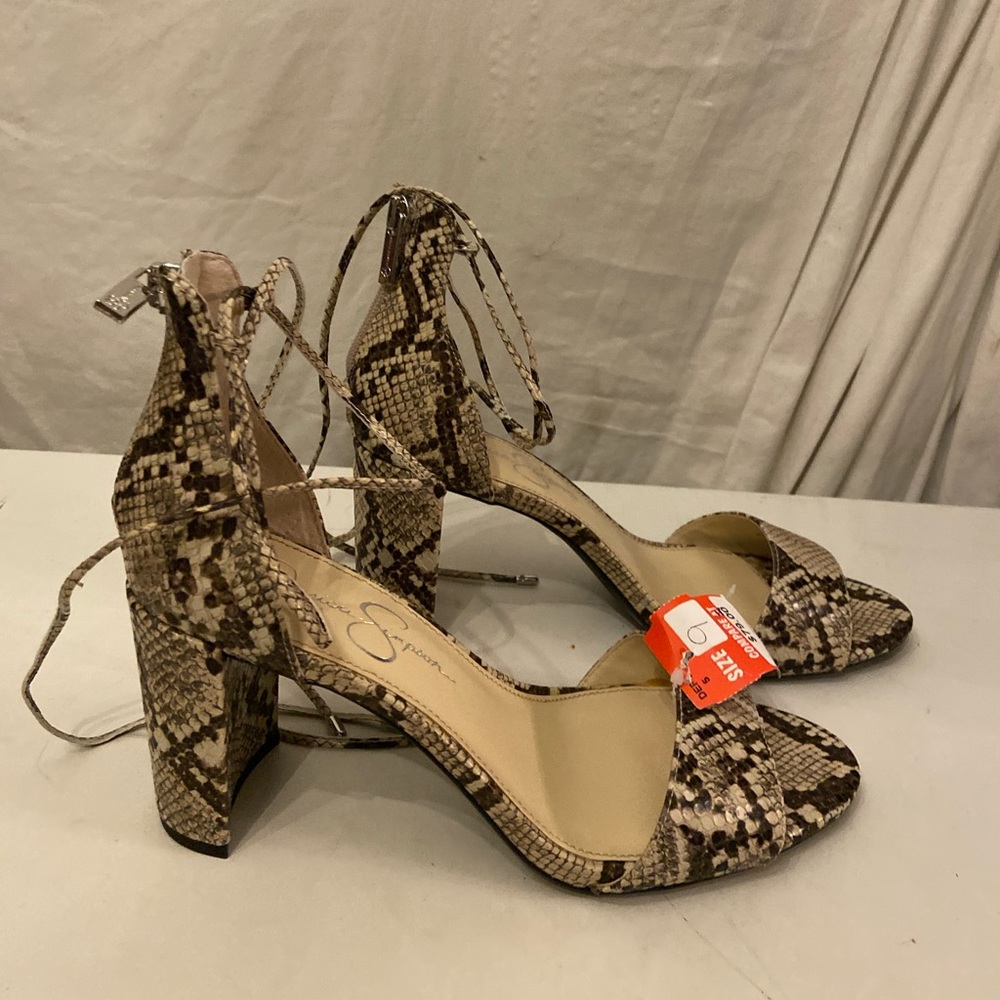 Jessica Simpson brown & ivory leather snakeskin print sandals with ankle ties 9